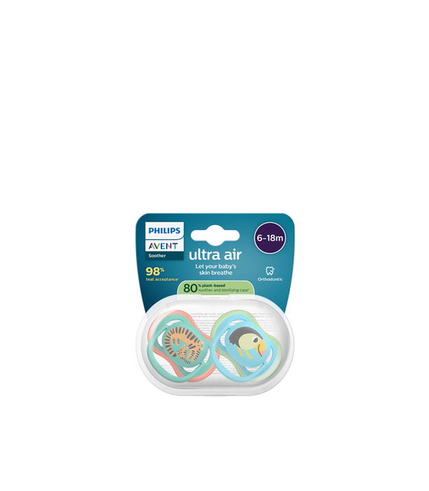 Philips Avent Ultra Air Pacifier 6–18 Months – 2 Units, Tiger/Toucan  - PHILIPS AVENT - 8720689041874